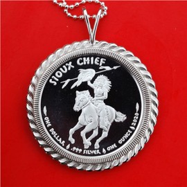 2020 $1 Chief One Ounce .999 Fine Silver Gem BU Uncirculated Proof Coin Solid 925 Sterling Silver Necklace NEW - Sioux Indian War