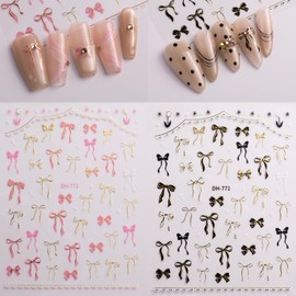 5D Embossed Bow Nail Art Stickers 2Sheets Pink Gold Black Silver White Bow Nail Stickers for Nail Art Ribbon Nail Decals Bowknot Spring Nail Supplies for Women Girls DIY Manicure