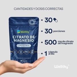 Wellthy Citrato de Magnesio Liposomal 30 Cápsulas 500mg. Solo una cápsula al día 100% Natural, Entrega Optimizada, Cápsulas Veganas, Bottle Free.