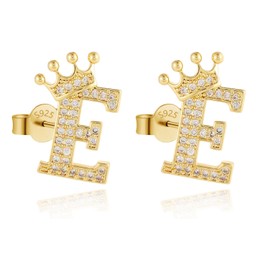 Letter Stud Earrings Crown Earrings for Girls 925 Sterling Silver Cubic Zirconia Initial Stud Earrings Hypoallergenic Earrings for Women (E)