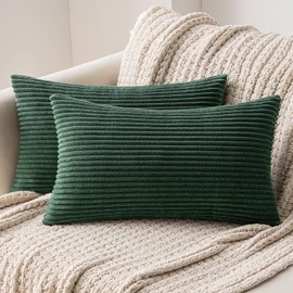 MIULEE Set of 2 Striped Corduroy Square Throw Pillow Case Soft Cushion Cover Sham Home for Sofa Chair Couch/Bedroom Decorative Fluffy Large Pillowcases 12x20 Inch 30x50cm Dark green