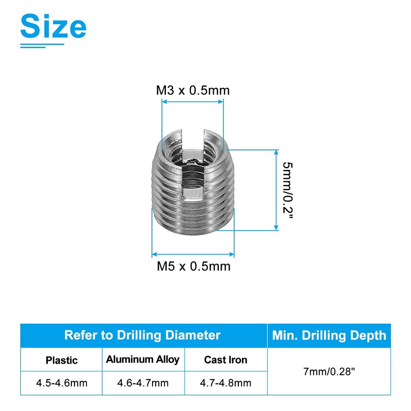 PATIKIL Self-Tapping Threaded Inserts, 20 Pcs M3 x M5 x