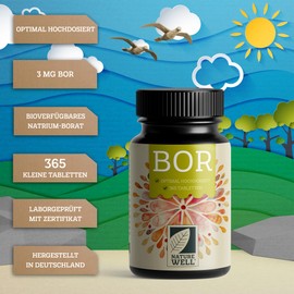 NatureWell Bor Tabletten 3x365 mit 3 mg Bor aus hochwertigem Borax (Natrium-Borat) - optimal hochdosiert - frei von unerwnschten Zusatzstoffen C laborgeprft mit Zertifikat - 100% vegan