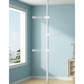 LIYIVNAA 3-Tier Clothes Drying Rack Adjustable Coat Hanger Garment Stand Floor to Ceiling Laundry Pole Tension Rod Storage Organizer for Hanging Clothing, Scarves, Hats, Bags, Purses 43.3''-122.04''