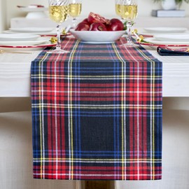 Solino Home Plaid Linen Table Runner 60 Inch - 100% Pure Linen Black Stewart Plaid Table Runner 14 x 60 Inch - Handcrafted and Machine Washable Fabric