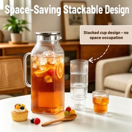 Glass Pitcher with Lid and 4 Glass Cups Set, 68 oz Borosilicate Water Pitcher with Handle, Glass Pitcher and Glasses Set for Lemonade, Iced Tea, Juice, Fruit Water, Hot & Cold Beverage