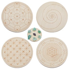 ORIGACH 4 Patterns Wooden Crystal Grids 15x15 cm Round Sacred Geometric Arrangement Crystal Grid Board Metatron's Cube Crystal Grid Plate for Wiccan Altar Ritual Sacred Space Decor