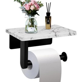 Toilet Paper Holder with Natural Marble Shelf for Bathroom Washroom,Wall Mounted Tissue Holder Suitable for Mega Roll (Small 6.7 * 4.3 in Matte Black)