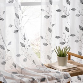 Leaf Sheer Curtains 84 Inches Long 2 Panels Grey Embroidered Sheer Curtains for Bedroom Light Filtering Neutral Floral Voile Rod Pocket Natural Botanical Faux Linen Drapes, 50x84 Gray on White
