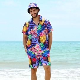 SERTAS Mens Hawaiian Shirt and Shorts Hat Set,Hawaiian Shirts for Men,Summer Hawaiian Shirt Shiteshirts,Shiteshirts for Indoor Outdoor Beach Seaside Holiday Size S-3XL (Purple, L)