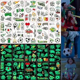 10 hojas de tatuajes temporales de fútbol que brillan en la oscuridad para adultos, decoraciones luminosas para fiestas de cumpleaños con temática de balón de fútbol, pegatinas de tatuajes d