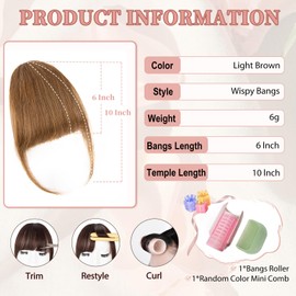 EINAEY Clip in Bangs, 100% Real Human Hair Fake Bangs Clip on Bangs Hairpieces for Women Wispy Bangs Light Brown Fringe with Temples Curved Clip in Hair Extensions for Daily Wear