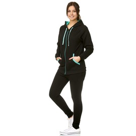 Violento 239-704 Women's Tracksuit With Hood And Tight Cuffs, Training Jacket and Jogging Bottoms, Comfortable and Sporty, Plain - Black Mint, size: l