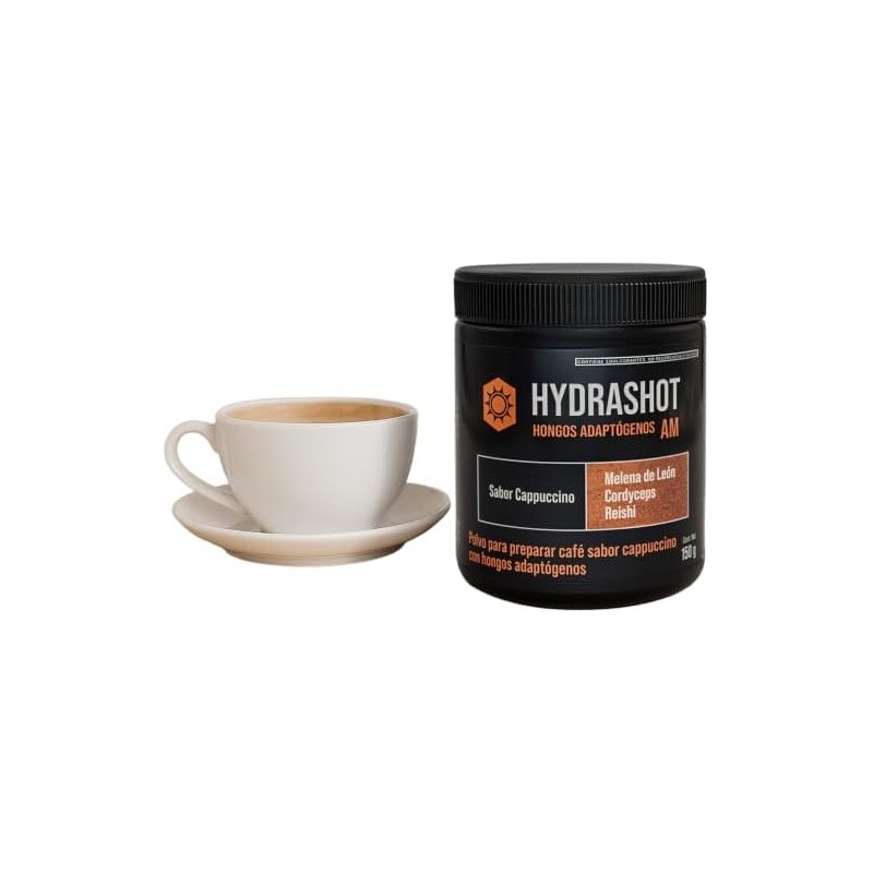HydraShot Café Soluble Cappuccino con Hongos Adaptógenos, 1 cucharada, Adicionado