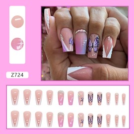 Vezocim Press on Nails Coffin with Butterfly Designs, 24Pcs Artificial Medium Square Rhinestone Fake Nails, Full Cover Glossy Acrylic Butterflies False Nails, Stick on Fingernails for Women (Z724)