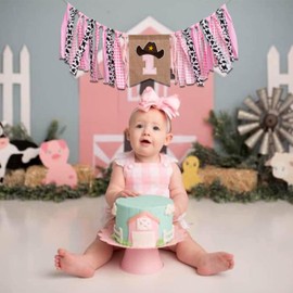 ZAIBIANHAO Cowgirl One High Chair Banner - Rodeo Theme Fabric Garland，Farm Birthday Highchair Banner，Western Cow Girl First Birthday Decorations Party Supplies (cow pink banner)
