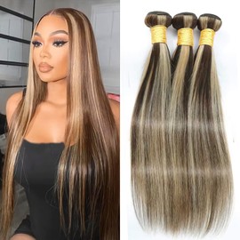 Dokksiiia Brown Ombre Blonde Straight Bundles Human Hair P4613 Highlight Piano Color Weave 3 Bundles (26/28/30 Inch) P4/613 Dark Brown and Light Blonde Mix Brazilian Human Hair Extensions