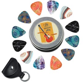 Guitar Picks - Cheliz 12 Medium Gauge Celluloid Guitar Picks In a Box W/Picks Holder. Unique Guitar Gift For Bass, Electric & Acoustic Guitars (Flower Stone)