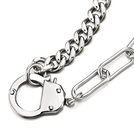 COOLSTEELANDBEYOND Mens Womens Steel Handcuff Necklace Link Chain Curb Chain Silver Color, 18 inches, Punk Rock（CA）