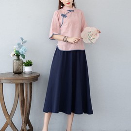 Women's Tang Dress Outfit Mandarin Collar Qipao Top Tea Length Skirt 19th Century Chinese Traditional School Girl Costume (Pink + Navy blue, L)