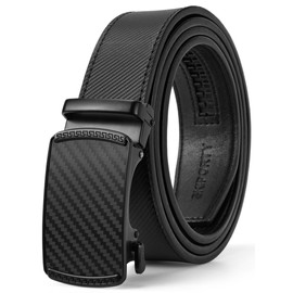 SKiporty Mens Belt Leather with Automatic Buckle Adjustable Ratchet Belts for Men Dress Casual Jeans Trim to Fit,46" to 52",A-Black