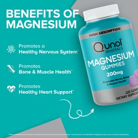 Qunol Qunol Magnesium Gummies for Adults, 200mg Elemental Magnesium (from 1,750mg Magnesium Citrate), High Absorption Magnesium Supplement, Supports Nerve, Bone and Muscle Health, Vegetarian, 120 Count
