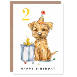 Artery8 2nd Birthday Card Cute Terrier Dog Puppy Party Hat Kids Age 2 Year Old Child For Son Daughter Girl Boy Happy Card