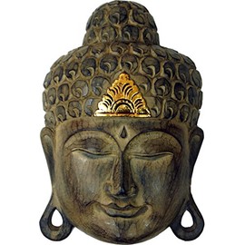 GURU SHOP Carved Buddha Mask with Gold Embellishment Wall Art Ethnic Balsa Wood Wall Decoration Size 50cm Buddhas