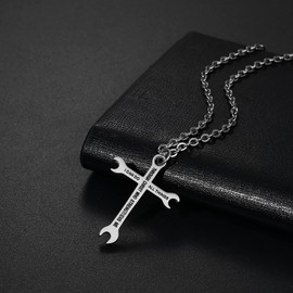 OIDEA Men's Cross Bible Necklace: Bible Prayer Cross Pendant with Wheat Chain Christian Cross Chain Biker Venetian Chain Religious Jewellery Gift for Men Father Friend, Stainless Steel