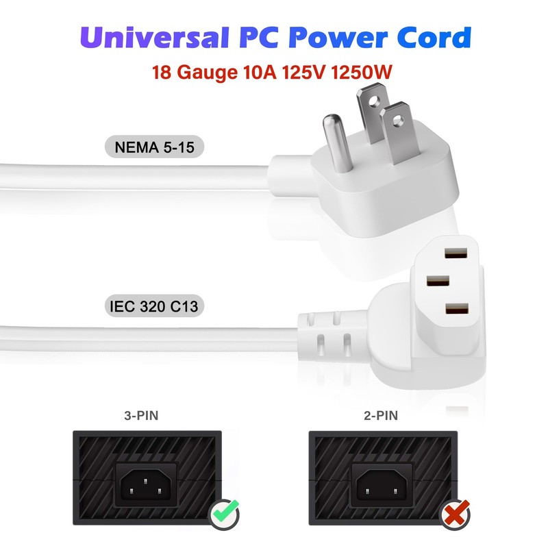 Adoreen 2 Ft Computer TV Replacement Power Cord White, Low