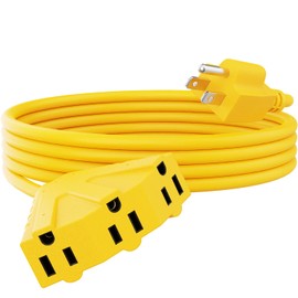 PLUGTUL 15FT Outdoor Extension Cord with Multiple Outlets, 14 Gauge, 3-Outlet, SJTW, 15A 12AWG 1875W SJTW, ETL Listed - Great for Garage, Garden and Home, Yellow
