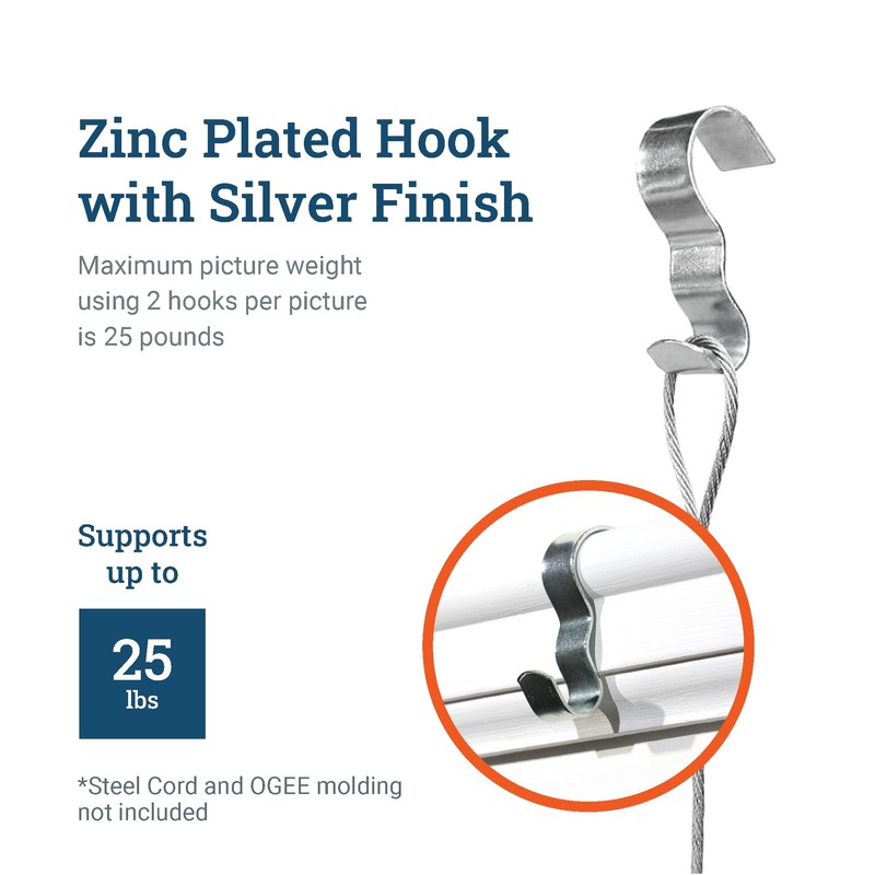 Picture Rail Hooks Silver Finish - 25 Pack - Picture