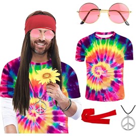 GLEEMEN 70s Costumes Men Women 6 Pieces Hippie T-Shirt Wig Glasses Peace Necklace Headband, 70s Clothing Carnival Fancy Dress, multicoloured