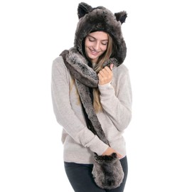 Winter Warm Plush Faux Fur Animal Paws Hat Hoods Gloves Scarf, Grey Wolf