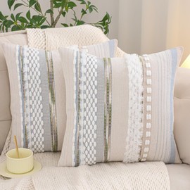 Tosleo Coastal Boho Throw Pillow Covers 18x18 Set of 2 White and Light Blue Stripe with Soft Plush Pillow Case Accent Chenille Pillowcases Farmhouse Cushion Case Bohemian Nuetral Textured Pillow Cover