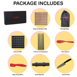 Virki Premium Sushi Making Kit, Sushi Bazooka, Bamboo and Silicone Sushi Rolling Mats, Silicone Rice Spoon, Sushi Knife, 5 Sets Black Fiberglass Chopsticks, Nigiri Rice Mold, Storage Bag