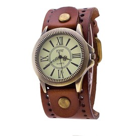 MINILUJIA Vintage Retro Punk Men Wrist Watch Bronze Big Face Dial Wide Genuine Leather Band Cuff Quartz Watches (brown1)