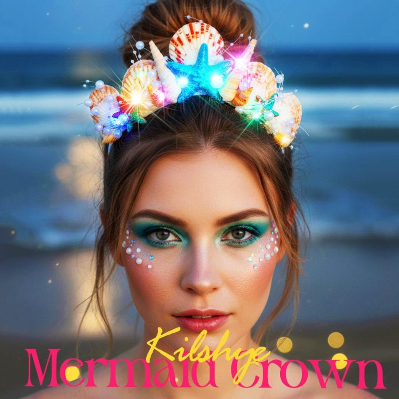 Kilshye Light Up Mermaid Crown Starfish Tiara Shell Headband Hair