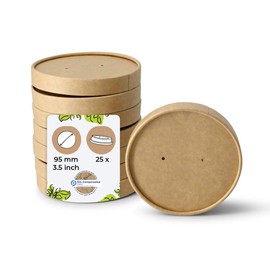 BIOZOYG Cardboard Lid Soup Cups Pack of 25 Diameter 95 mm Brown Soup Tureen with Lid Coated Disposable Cardboard Lid Membrane Lid for Soup Bowl to Go Salad Bowl Terrine Air Holes Takeaway