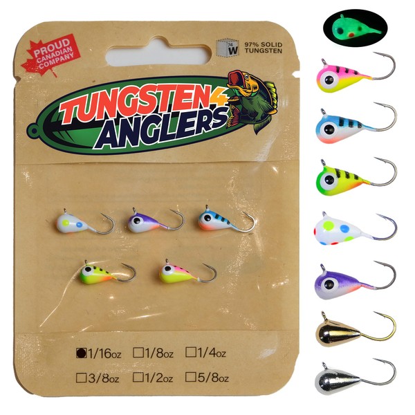Tungsten 4 Anglers 97% Pure Tungsten Ice Fishing Jigs 5mm 1/16oz #12| Tear Drop Fishing Lures for Winter Ice Jigging, 5-Pack (Assorted)