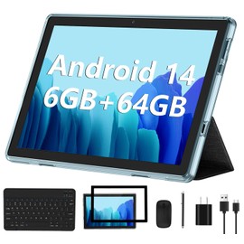 Android 14 Tablet 2025 New 10 Inch Tablets with 6GB RAM + 64GB ROM + 1TB Expanded Ouad-Core, 2 in 1 Tableta with Keyboard Mouse WiFi 6 Bluetooth, GMS Certified IPS Touch Screen Tablet - Blue Set