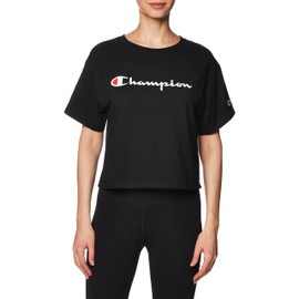 Champion womens Cropped Tee, Script Logo T Shirt, Black-550757, Small US