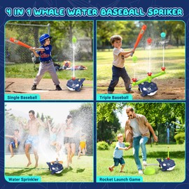 4-in-1 Whale Water Sprinkler Baseball Set for Kids,Summer Water Toy with 3 Jets, 4 Balls and Rocket Launch Game, Kids Sprinklers with 360° Rotating Sprinkler,Outdoor Water Toys for Age 3+ Years