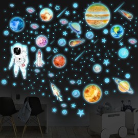 Glow in The Dark Stars Solar System Wall Decals, Luminous Astronaut Universe Galaxy Ceiling Stickers, Kids Wall Stickers Space Stickers for Boys Room Decor