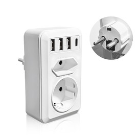 URLINE Socket Adapter, 7/6-in-1 Multiple Socket with 1 Schuko Plug 2/1 Euro Plug 3 USB A 1 USB C, Multiple Plug for Home, Travel and Offices (2 Compartments with USB C)