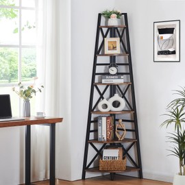 HOMBAZAAR Corner Shelf,6-Tier Corner Bookshelf,Tall Corner Ladder Shelf with Metal Frames, Corner Shelf Stand for Living Room, Bedroom, Kitchen, Home Office, Rustic Brown