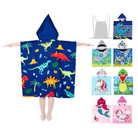 growell Hooded Kids Beach Towels - Toddler Bath Towel Girls Boys Swim Cover-ups for Ages 4 to 10 Kids Pool Towels Quick Dry Lightweight Soft Microfiber Poncho 30x30 with Bag (Dinosaur Blue)
