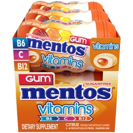 Mentos Gum with Vitamins, Holiday Sugar Free Chewing Gum with Xylitol, Christmas Stocking Stuffers for Adults & Kids, Citrus Flavor, Vitamins B6, B12 and C, Bottle of 45 (Bulk Pack of 6)
