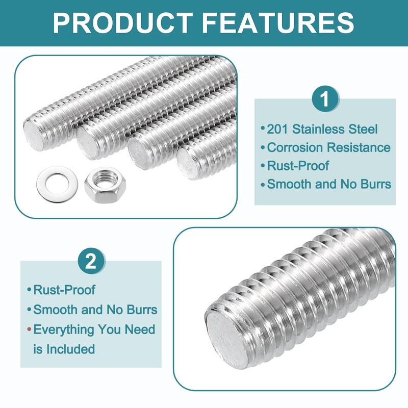 sourcing map 2pcs Fully Threaded Rod, M8 x 350mm 201