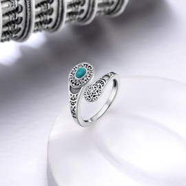 Reaii Natural Turquoise Spoon Ring for Women 925 Sterling Silver Vintage Boho Thumb Rings Oxidized Wrap Ring Victorian Style Antique Floral Jewelry Gifts